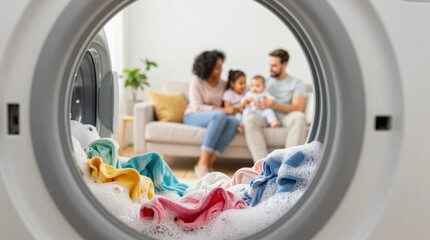 Family spending time together while laundry spins in washing machine Generative AI