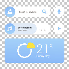 Fototapeta premium Modern blue and white UI elements including a search bar, music player, and weather widget, designed for mobile applications.