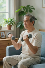 Elderly man exercises at home with dumbbells in a bright living room Generative AI
