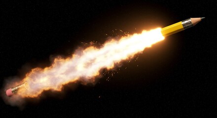 漆黒の闇を照らす閃光 創造的なアイデアを乗せ力強く推進する燃えるロケット鉛筆. AI Generated