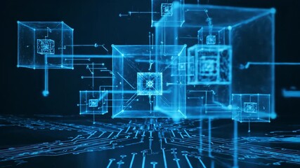 Abstract blue digital network cubes interconnected on a glowing circuit board, representing futuristic technology. - Powered by Adobe