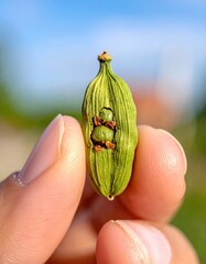 Macro Shot of Green Cardamom Pod with Tiny Bugs Held Between Thumb and Finger with Blurred Outdoor Background and Bright Sunlight