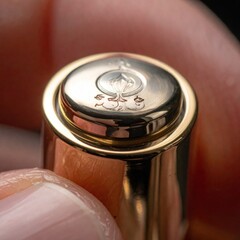 Close Up Macro Shot Of Golden Cap With Engraved Emblem Held By Fingers In Soft Light Showing Intricate Detail