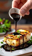 Chef Drizzles Dark Glaze Over Seared White Fish Fillet Garnished With Fresh Parsley On A White Plate In A Warm Lit Restaurant Setting