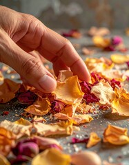 Close Up Of A Hand Gently Gathering Dried Rose Petals And Aromatic Salts On A Textured Surface Aromatic Spa And Beauty Concept