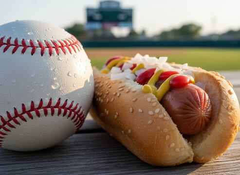 Baseball and Hot Dog on Wooden Bench at Ballpark