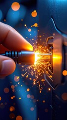 Close Up Of A Finger Inserting A Black Cable Into An Electrical Outlet Creating Bright Orange Sparks And Bokeh Lights In A Dark Setting