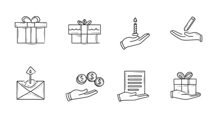 Doodle line art icons set: giving, receiving, charity, donation, finance, communication, celebration. Gifts, money, letters, support.