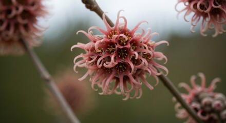Unique spiky pink flower clusters bloom on thin branches in soft focus