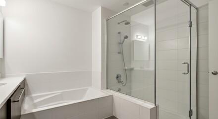 Modern, bright bathroom with tub, shower, and white tile