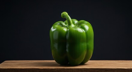 A single green bell pepper on a wood surface, dark background