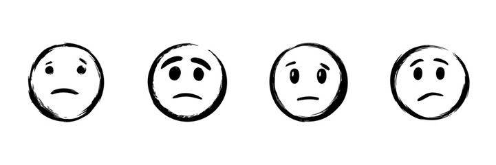 Fototapeta premium Sad And Worried Face Emoticons In Hand Drawn Style Set. Emotional Expression, Anxiety, Concern Doodle Sketch Collection. Mood Representation. Isolated Vector Illustration
