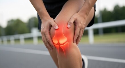 Runner clutching knee, highlighting pain location with a red glow