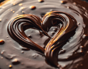 Swirl of rich melted dark chocolate forming heart shape. This glossy liquid texture appears decadent, evoking deep feelings of love, passion and romance for valentine