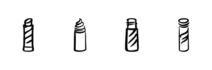Lip Balm And Lipstick Tubes In Hand Drawn Style Set. Cosmetic And Beauty Product Doodle Sketch Collection. Skincare And Makeup Essentials. Isolated Vector Illustration