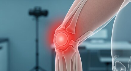 Human knee joint depiction, highlighting inflammation, with x-ray effect