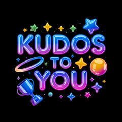 kudos to you colorful 3d gradient typography with blue trophy on black background