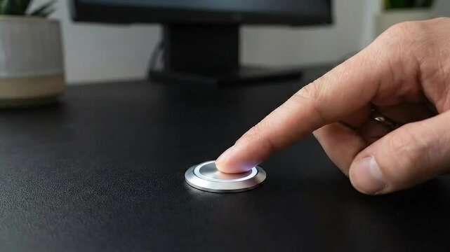 future ready tech environment concept. A hand pressing a button on a sleek black surface.