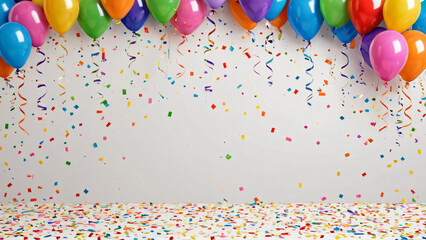 Festlicher Rahmen aus bunten Ballons und herabfallendem Konfetti auf wei&szlig;em Grund