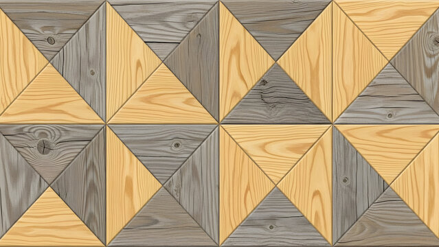 Geometric parquet pattern with triangles of light wood and gray planks