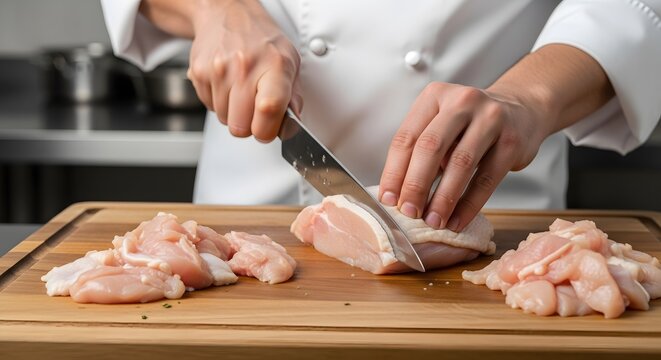 Chef preparing raw chicken meat on table