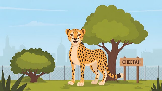 A beautiful spotted cheetah stands proudly inside a fenced enclosure at a modern zoo