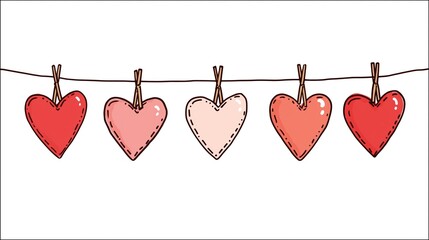 Hanging Fabric Hearts Illustration on String Cute Valentine and Love Concept