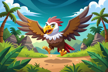 A cartoon eagle flying with wide wings and bold shapes, designed in friendly vector style suitable for kids learning, logos, and animated concepts.