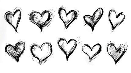 Hand Drawn Black Heart Outline Set for Valentine Designs, Stickers, Logos and Romantic Illustrations