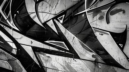 Layers of bold black and white graffiti tags appearing almost threedimensional in their complexity. Black and white art