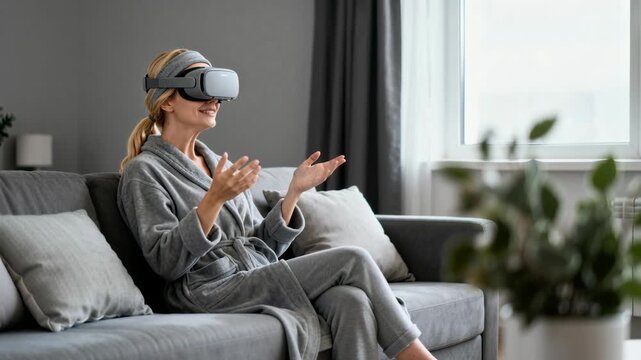 Woman wearing VR headset sits on a living room sofa in a robe reacting with surprise and raised hands as she engages with virtual reality content. Neutral background and window offer copyspace and ava