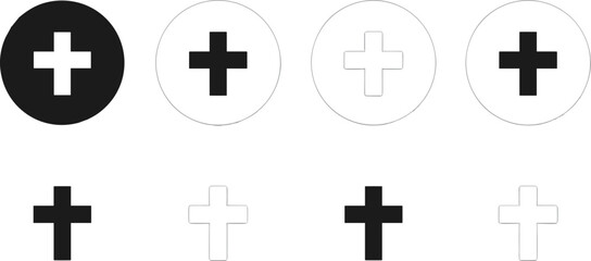 Obraz premium Medical and religious cross icon set featuring various black and white plus signs and crucifix symbols for icons.