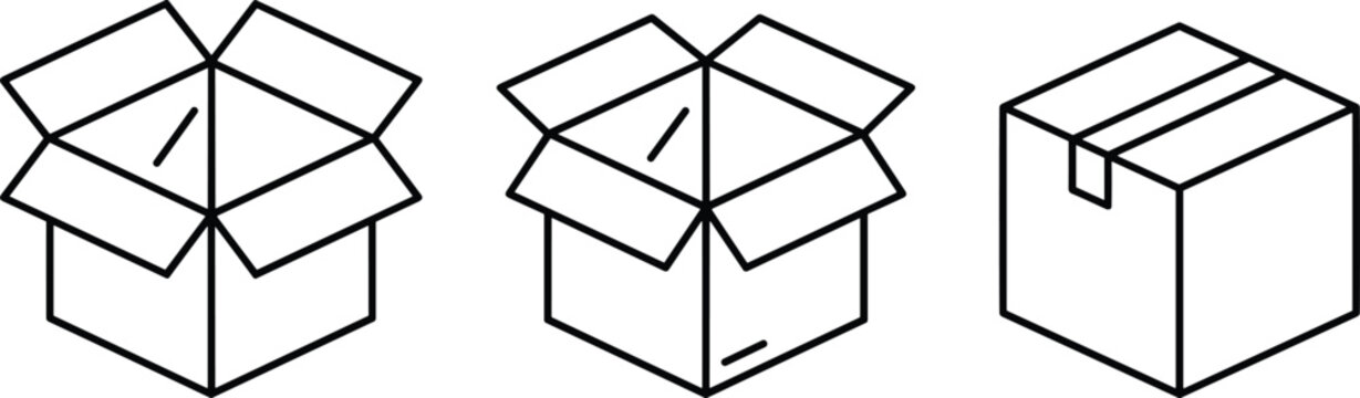 Isometric cardboard box icon set featuring open and closed delivery packages for shipping, logistics, and storage symbols.