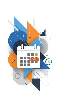 Stylized illustration prominently features a calendar highlighting an important date surrounded by abstract geometric shapes and time indicators.