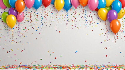Farbenfrohe Ballon-Girlande am oberen Bildrand mit dezentem Konfetti-Fall