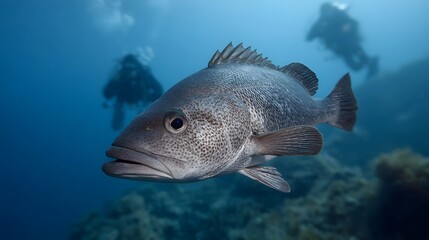 A large mottled fish swims in clear blue ocean water with scuba divers visible in the blurred background