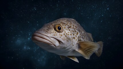 A detailed close up portrait of a speckled fish its scales catching the light as it swims through a mysterious dark cosmic expanse filled with stars