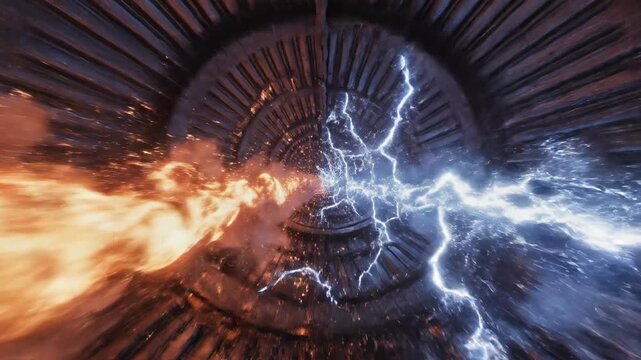 A dramatic surge of supercharged bifurcating energy streams, one blazing molten orange and the other fractured electric blue, rushing down a dark tunnel amber, power surge, epic journey