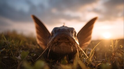 A close up low angle view of a catfish s head in the grass during golden hour sunset