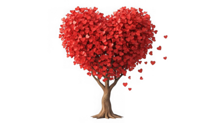 Heart-shaped tree with falling hearts isolated on transparent background