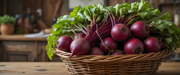 Freshly harvested organic beets with vibrant green tops displayed in a rustic kitchen basket. beet bunch