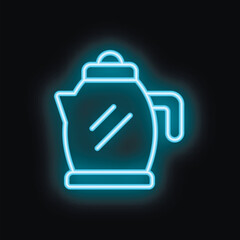 Obraz premium Blue neon sign of a classic coffee pot glowing on black background