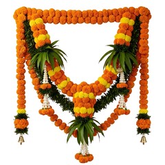 Traditional Indian Marigold Flower Toran Bandhanwar with Mango Leaves for Diwali, Wedding, Pooja and Festive Door Entrance Decoration
