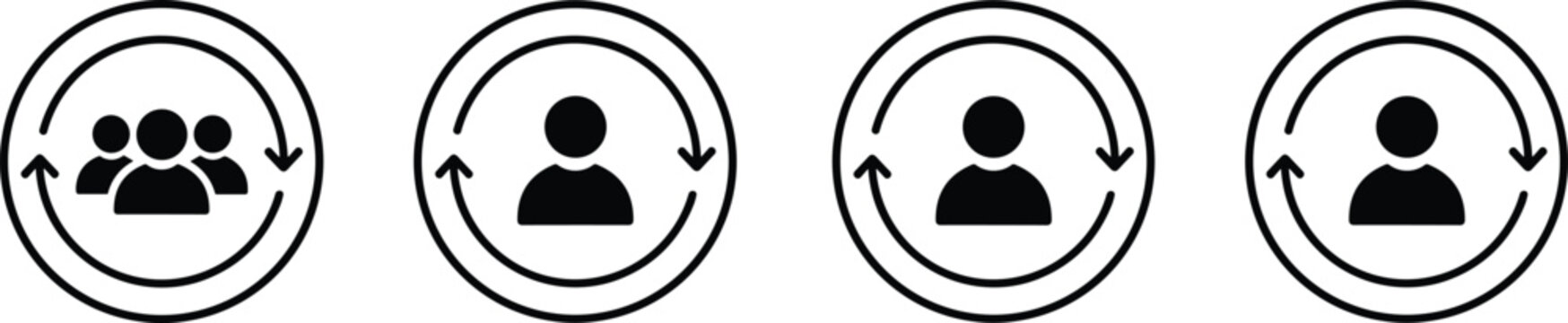 User profile icon set with circular refresh arrows representing human resources, team management, and employee lifecycle for business.