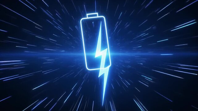 Neon Blue Battery Icon with Lightning Bolt Symbol Zooming Through Streaks of Light abstract charge