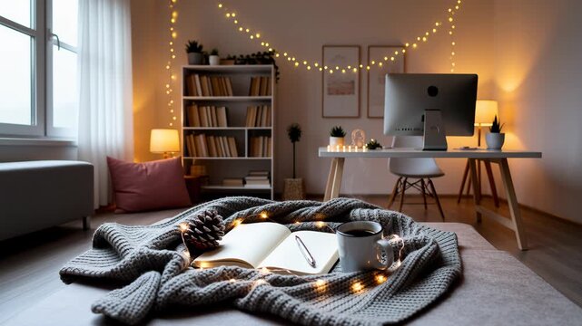 Open notebook rests on a cozy knit blanket with a pen on the blank pages. Warm fairy lights and a frosted pinecone add seasonal texture. A steaming mug of coffee sits nearby, evoking a relaxed hygge a