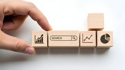 Hand interacting with wooden blocks featuring search and data icons
