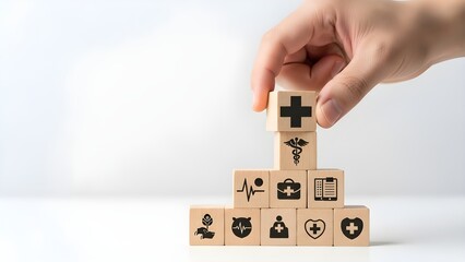 Hand stacking wooden blocks with healthcare symbols