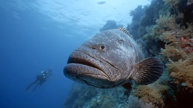 Close up of a large grouper fish swimming near a coral reef with a diver in the background underwater