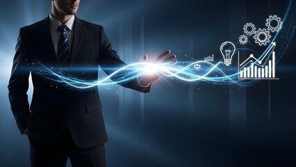Businessman interacting with digital growth graph and light bulb ideas